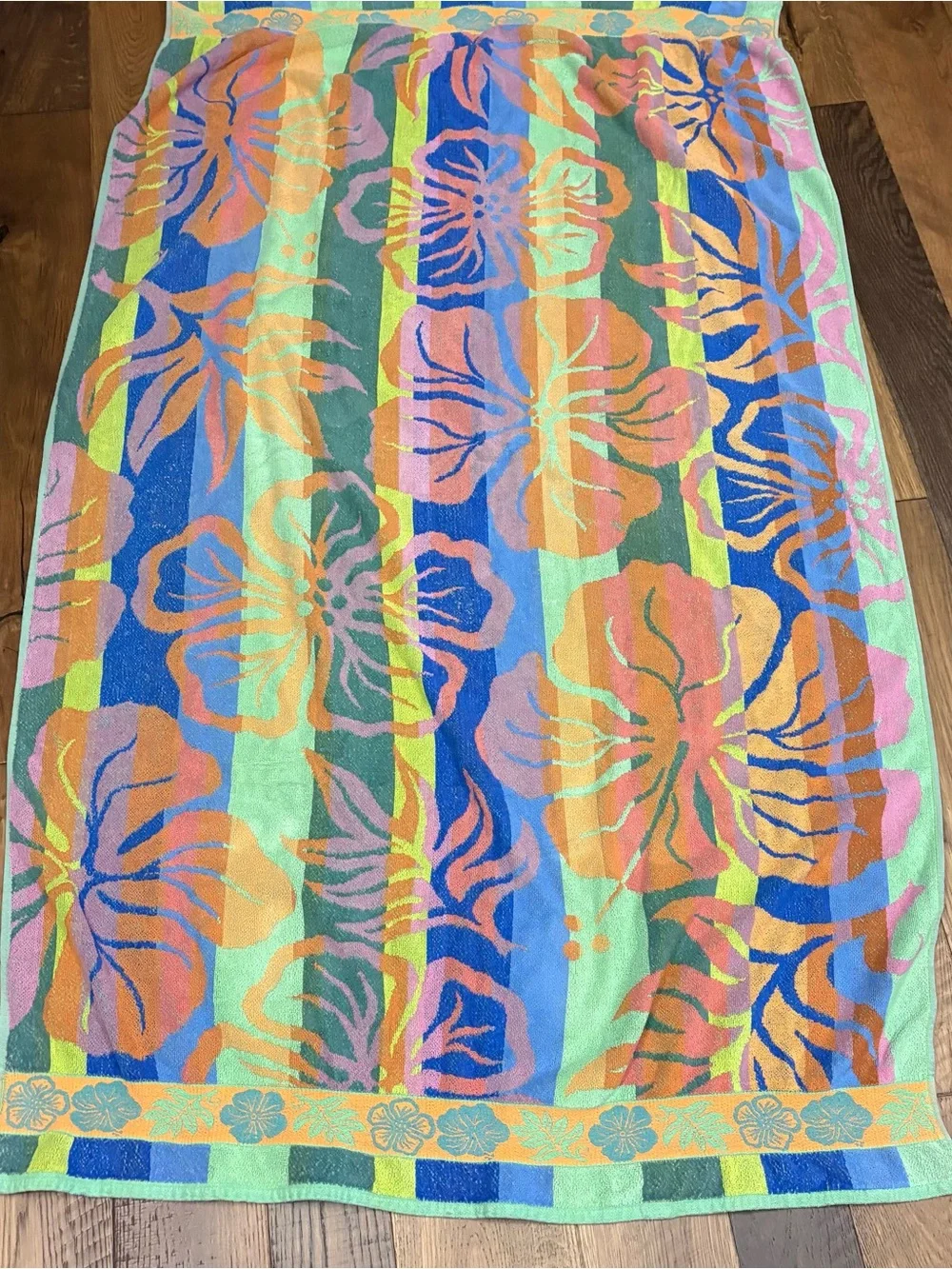 Santens Vintage Beach Towel Cotton Tropical Flower Hibiscus Striped Hawaiian